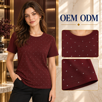 T-shirt à manches courtes et col rond pour femme, couleur bordeaux profond, avec cristaux NR Roma, pour la vente en gros en boutique, OEM, ODM, marque privée
