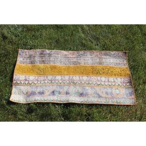 Vintage Rug, 1.7x3.2 ft Turkish Rug, Blue <b>Yellow</b> Abstract <b>Wool</b> Rug - Product Image 4