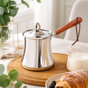 <span class=keywords><strong>Cafetière</strong></span> turque en acier inoxydable 304, Cezve Ibrik, <span class=keywords><strong>cafetière</strong></span> arabe, chauffe-lait, théière avec poignée et couvercle en bois - Product Image 1