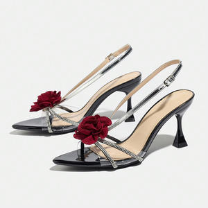 Sandales à bout pointu et ouvert, style français, avec fleur rose en strass, talon fin transparent, talons hauts pour femmes - Product Image 6