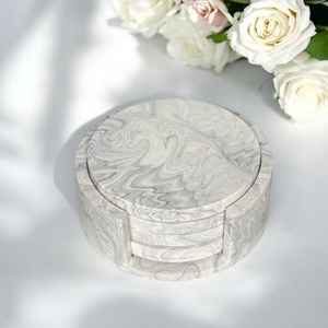 Circle Stone <b>Coaster</b> <b>Set</b> <b>With</b> <b>Holder</b> <b>Set</b> Of 4 Minimalist Neutral Handmade Homeware Drinkware Gift - Product Image 3