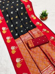 Saree en soie Banarasi indien pakistanais avec chemisier en soie fantaisie Saree Banarasi en soie douce de meilleure qualité avec bordure Zari au meilleur design - Product Image 2
