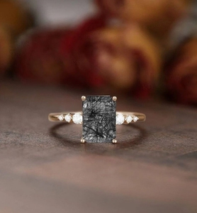 925 Sterling <b>Silver</b> Minimalist Band <b>Emerald</b> Cut Black Rutile Stone Wedding Engagement <b>Ring</b> Custom Design for Women Girls Parties - Product Image 4
