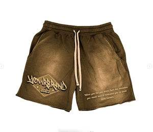 Shorts en molleton vintage à bordure personnalisée, impression 3D en relief, délavage à l'acide délavé au soleil, shorts en coton avec effet usé pour hommes - Product Image 1
