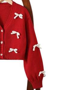 Manufacturer Custom Women Red <b>Cropped</b> Knit Cardigan Sweater With <b>White</b> Bow Applique V Neck Button Front Cute Winter Fashion <b>Top</b> - Product Image 2