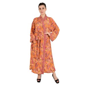 Nouveau Kimono Sari en Soie pour Femme Style Bohème Orange Paisley Floral Garden Luxe Robe de Plage Douce Regal House Cadeau de Fête - Product Image 3