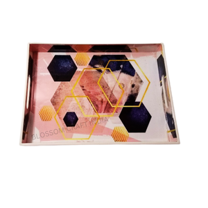 Plateau en bois traditionnel indien avec incrustation naturelle de nacre, poignée en acier, design en résine noire pour la maison et le service - Product Image 5