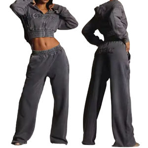 Conjunto de Sudadera Corta y Pantalones Deportivos para Mujer, Estilo Urbano, Ecológico, Anti-Pilling, Transpirable, Lavado Ácido, Talla Grande - Product Image 5