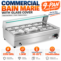 Bain-marie commercial 9 bacs 1500W 220V, chauffe-plats électrique en acier inoxydable, table vapeur double rangée pour buffet avec couvercle en verre