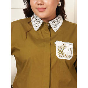 Camisa de algodón verde oliva de talla grande para mujer de Deebaco con cuello Peter Pan de encaje y bolsillo, camisas informales de una pieza estilo occidental - Product Image 2