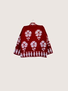 Red Floral Embroidered Cotton <b>Coat</b> With Batwing Sleeves Mandarin Collar Plus Size Women's Casual Outerwear Winter Wear - Product Image 2