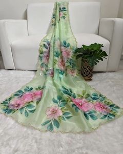 Diseñador de moda suave satén organza Sari con flor estampado a mano blusa elegante más vendida fiesta boda ropa Casual mujeres - Product Image 3