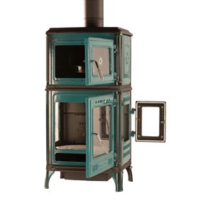 Poêle à granulés Dorello Bursa en fonte émaillée colorée avec cheminée, modèle MF 247, fonctionnant au bois de chauffage, design contemporain écologique en aluminium - Product Image 2