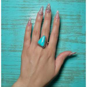Johnny Dixon Kingman Turquoise & Stainless Steel Solitaire <b>Ring</b> with Gold Plating <b>Adjustable</b> Bezel Setting Gift - Product Image 5