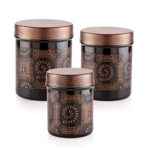 <b>Black</b> Warli Print Metal <b>Storage</b> Jar Set Modern Ethnic Cylindrical Containers with Textured Lids - Product Image 1