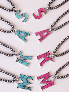 Collana di perle Navajo con lettera turchese con perline per donna <span class=keywords><strong>nome</strong></span> semplice collana di perline di moda placcata in argento paese occidentale - Product Image 3