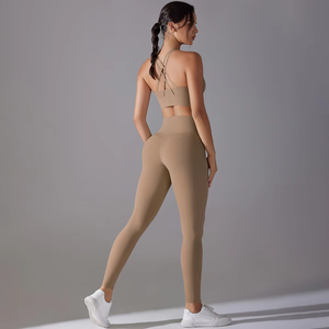 Ensemble de vêtements de sport pour femmes, taille haute, manches courtes, respirant, sans couture, nylon et élasthanne, motif uni, 2 pièces, yoga, gym - Product Image 3