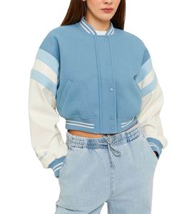 <b>Womens</b> Vintage Letterman Varsity <b>Jacket</b> Crop Genuine <b>Leather</b> Sleeve with Embroidered Wool Body Stand Collar Plain Dyed Canvas - Product Image 4