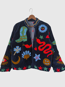 Hand Embroidered Velvet Bomber <b>Jacket</b> Mandarin Collar Full Sleeve Adult Autumn Wear <b>Patchwork</b> Design - Product Image 1
