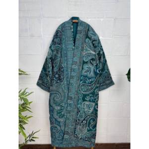 Handmade Merino <b>Wool</b> Kimono Robe Paisley Floral Green Dyed Jacket Warm Casual Winter Style - Product Image 4