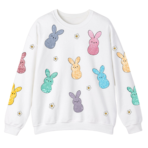 Cute Winter Easter <b>White</b> Ribbed Pink Crew Neck Long Sleeve Casual Eco-Friendly Pullover <b>Sweatshirt</b> Customizable Plus Size - Product Image 3