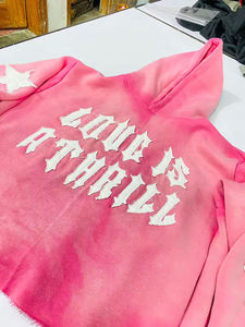 Sudadera con Capucha Personalizada de Algodón Cortada, Desgastada, con Apliques Bordados, Estilo Vintage, Holgada, Lavada al Ácido y Decolorada por el Sol - Product Image 3