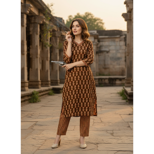 Kurta et pantalon en coton pur marron imprimé pour femme, modèle Banarasi, vêtements ethniques indiens, broderie, sari, choli, salwar pour les festivals - Product Image 1