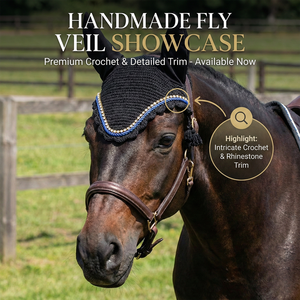 Voile anti-mouches pour cheval en crochet noir de haute qualité, confortable, avec garniture en strass, protège-oreilles doux, bonnet équestre élégant pour l'équitation - Product Image 3