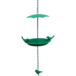 Comedero para pájaros colgante de metal verde con techo de sombrilla y percha para jardín, uso en exteriores, hecho a mano. - Product Image 1