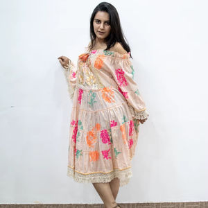 Vestido Midi Romántico Color Durazno con Estampado Floral, Cuello en V, Estilo Boho, Impresión Digital, Corte en A, 100% Algodón, para Fiestas de Verano - Product Image 1