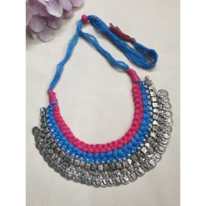 Vintage Bohemian Oxidised Silver <b>Necklace</b> Pink Blue Thread Classic Ethnic <b>Brass</b> Alloy Chains for Wedding Party Engagement Gift - Product Image 2