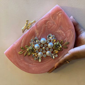 คลัทช์มือหินอ่อนรูปตัว D พร้อมงานฝีมือทำจากเรซินเทียมประดับมุกชุบทองวินเทจสายโซ่สำหรับงานแต่งงานของผู้หญิง - Product Image 1