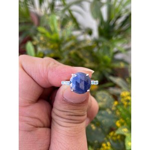 925 <b>Silver</b> Natural Blue Sapphire Statement <b>Ring</b> <b>Boho</b> Style Engagement Fine Jewelry with Oval Cut Topaz and Oyster Cut Diamond - Product Image 1