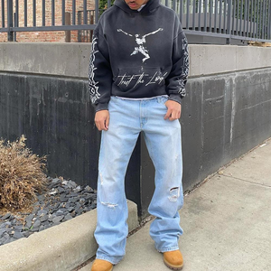 Sudadera con capucha lavada vintage personalizada del fabricante para hombre, sudadera vaquera lavada con ácido y bordado teñido anudado de mezclilla de gran tamaño, OEM - Product Image 5