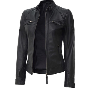 Chaqueta de cuero a la moda para mujer, piel de oveja genuina de gama alta, borde de Moto clásico con cuello levantado y aspecto elegante ajustado a medida - Product Image 2