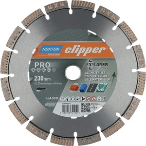 Disco de Corte de Diamante NORTON CLIPPER 4 X 4 Explorer 230 mm, Diámetro del Orificio 22.23 mm, Ancho del Segmento 2.5 mm, Altura del Segmento 12 mm, Mate - Product Image 1