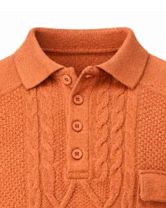 Suéter Polo de Punto Trenzado de Lana para Hombre, Color Naranja Óxido, Grueso, para Invierno, Cierre de Botones, Manga Larga, Informal - Product Image 5