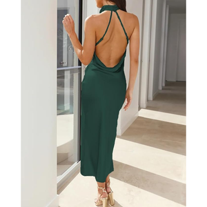 Robe mi-longue dos nu limon pour femmes 2024 élégant formel col haut respirant coton Cocktail robes précipitées - Product Image 4