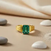 Bague en or jaune plaqué platine avec pierre précieuse verte taille émeraude pour femme - Certifiée IGI, sertissage Bezel, 14 carats