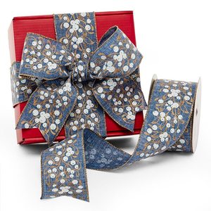 Solid Color Berries Blue <b>Wire</b> <b>Ribbon</b> Sparkling Floral Design for Christmas Birthday Halloween Wedding Decor Polyester Metallic - Product Image 1