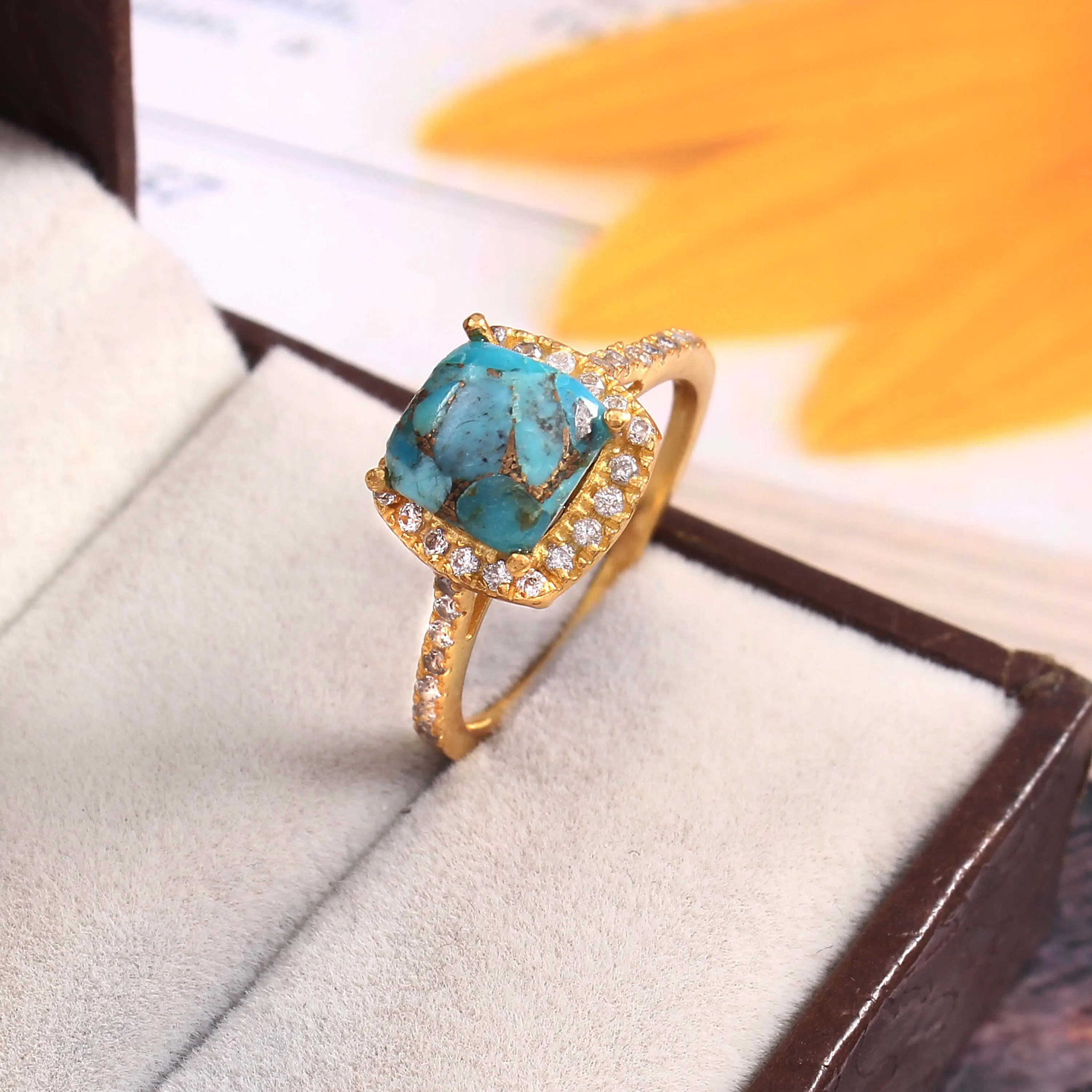 Cincin Firoza pirus alami untuk wanita cincin lapis perak pirus batu CZ persegi Cabochon pembuatan perhiasan buatan tangan