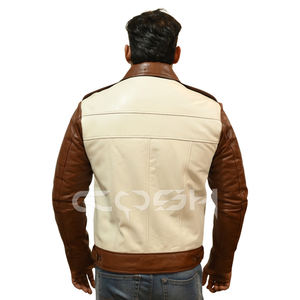 Veste en cuir unisexe de style rétro marron et beige, couleur contrastée, streetwear tendance, vêtement d'extérieur avec fermeture à boutons - Product Image 4