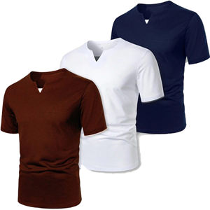 Las últimas camisetas de sarga sólida de calle alta con cuello en V de manga corta para hombre, 240 gramos, ropa de vacaciones informal en blanco para adultos - Product Image 1