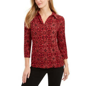 Maglietta Polo da Donna Charter Club con Maniche 3/4, Stampa e Logo, Traspirante in Maglia di Spandex, Taglia X-Large, Rossa - Product Image 2