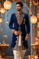 2025 @ Groom Sherwani bleu marine personnalisé pour homme, Kurta & Dhoti Salwar blanc avec perle de verre en cristal embelli, travail à la main en pierre Dabka