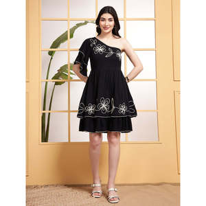 DEEBACO Women's Solid Black Woven Rayon Knee-Length One Shoulder Asymmetric Tiered Embroidered Washable Stylish One Piece <b>Dress</b> - Product Image 6