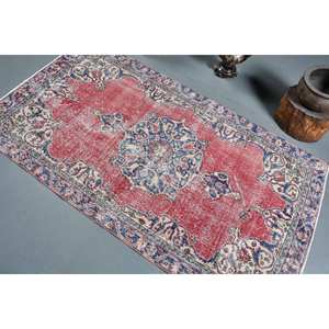 Alfombra turca Vintage de 3,6x6,6 pies, diseño de retazos rojo y azul, Material de lana, técnica de tejido plano de látex para decoraciones de sala de estar - Product Image 4