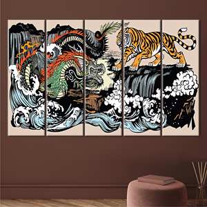 ผ้าใบพิมพ์ลายศิลปะเสือและมังกรญี่ปุ่น - ดีไซน์ที่ได้รับแรงบันดาลใจจากอุทาคาวะ คุนิโยชิ,5P: ห่อหุ้มอย่างดี - Product Image 1