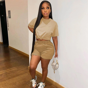 Conjunto de dos piezas para mujer Camiseta de cuello redondo informal y pantalones cortos Loungewear Traje de verano - Product Image 2