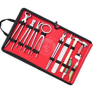 Kit de soin des sabots équestres : couteau à boucle large, râpe à extrémité en laiton, pince à ébarber, tire-ébarbe, testeur de douleur, pince à tête ronde forgée, dans un étui - Product Image 1